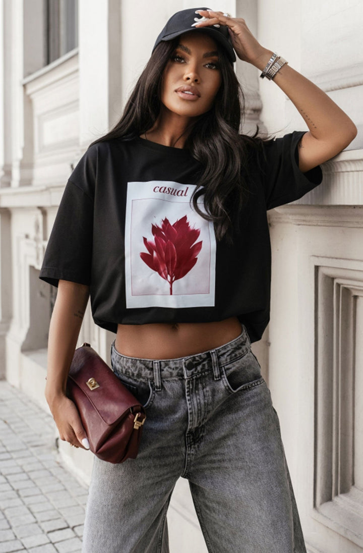 'Casual' Graphic Printed T. Shirt Top-Black