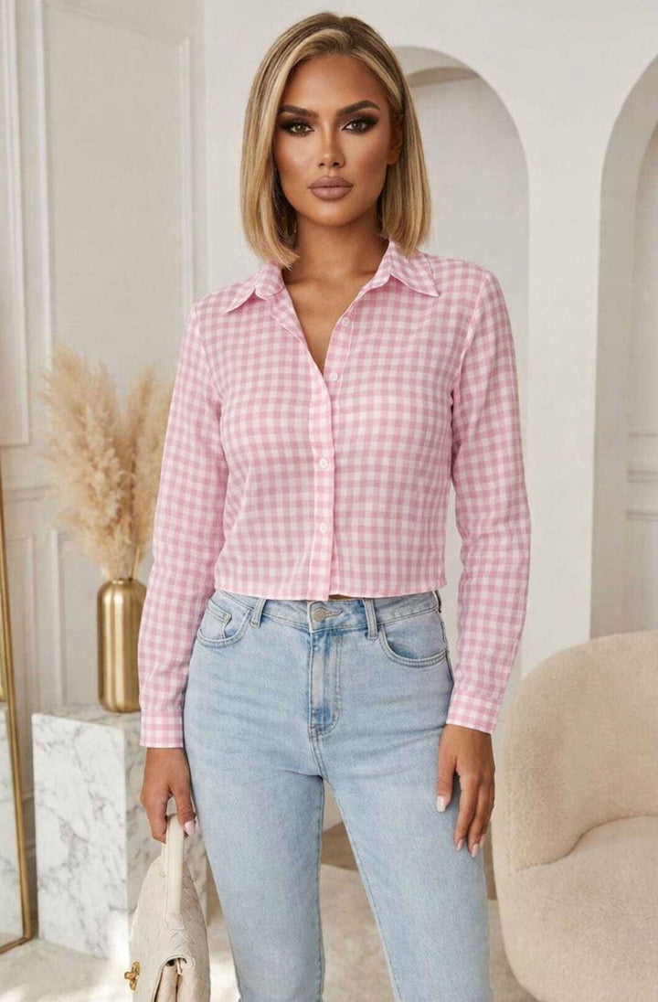 Chantel Gingham Check Cropped Button-Up Shirt Top