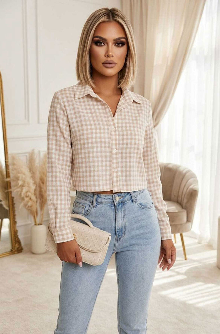 Chantel Gingham Check Cropped Button-Up Shirt Top