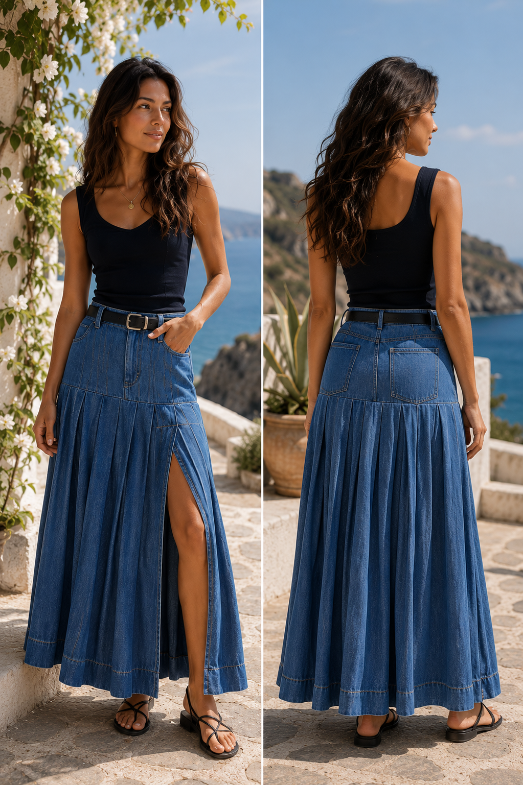Free People 53rd Street Midi Maxi Skirt Denim Cotton Blue Boho