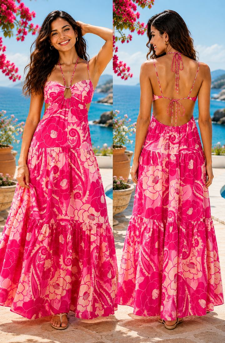 Farm Rio Tropical Groove Pink Cotton Midi Maxi Floral Dress