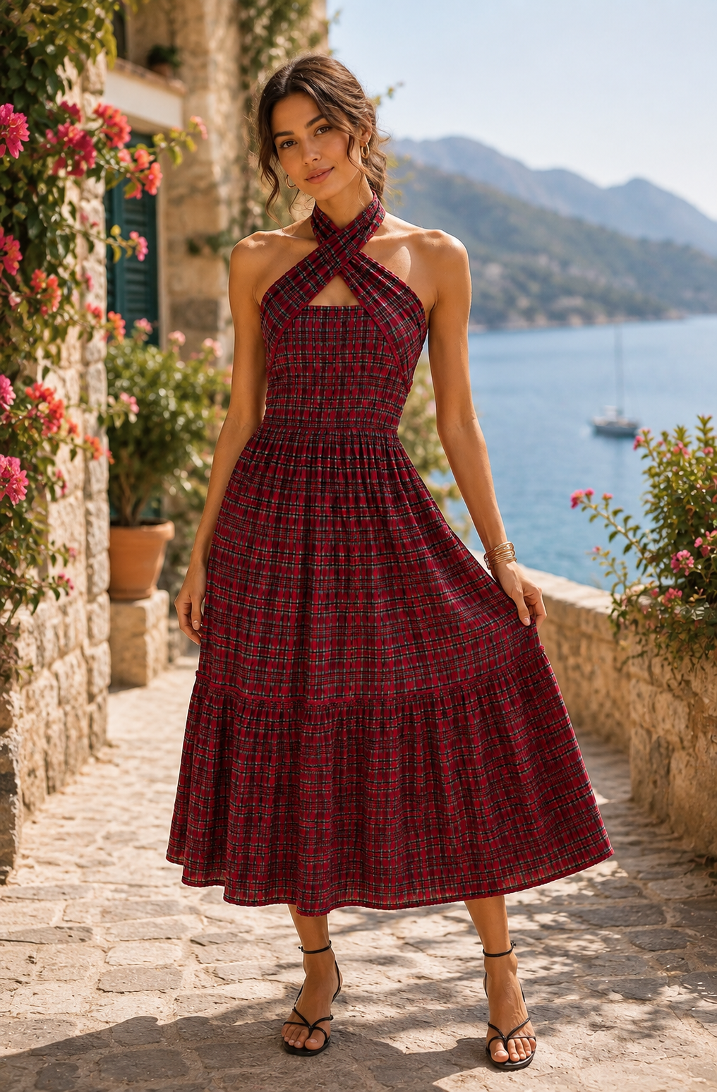 Damson Madder Mia Smocked Midi Maxi Midaxi Dress Red Check