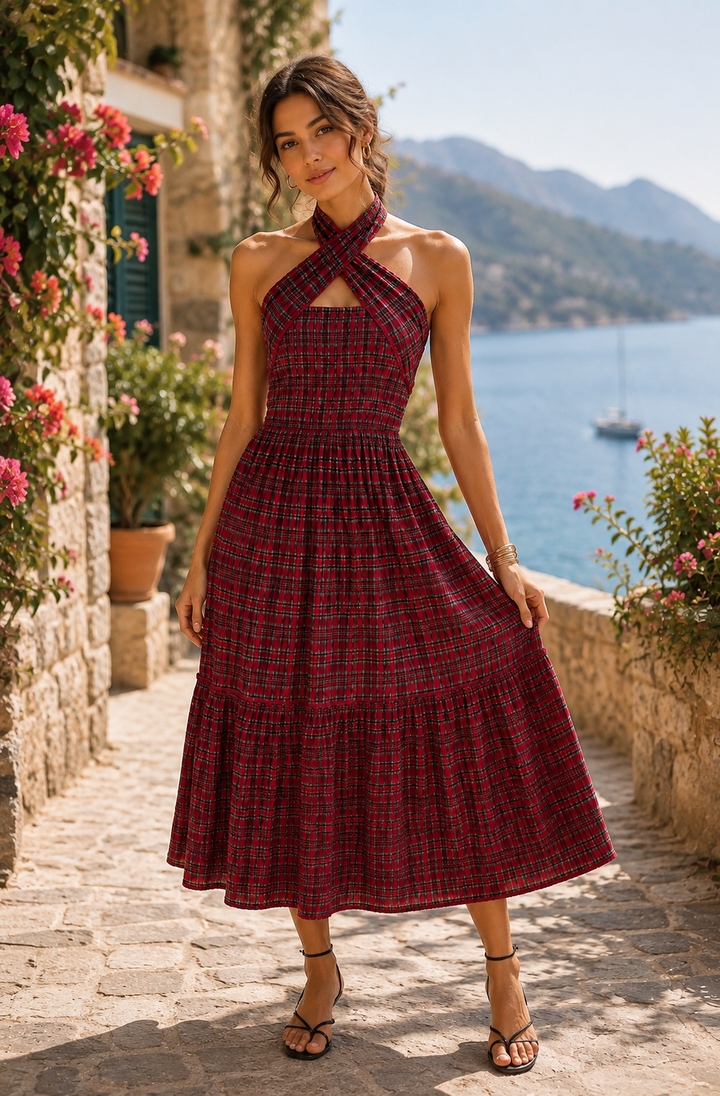 Damson Madder Mia Smocked Midi Maxi Midaxi Dress Red Check