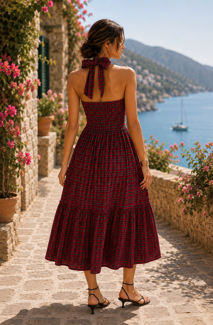 Damson Madder Mia Smocked Midi Maxi Midaxi Dress Red Check
