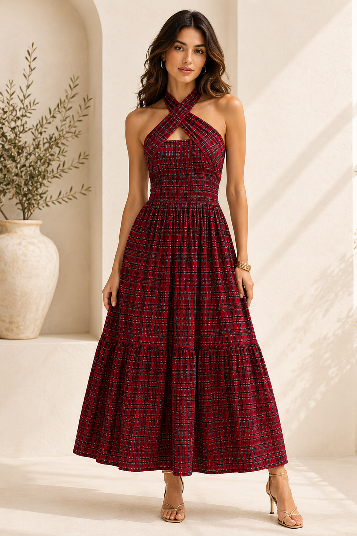 Damson Madder Mia Smocked Midi Maxi Midaxi Dress Red Check