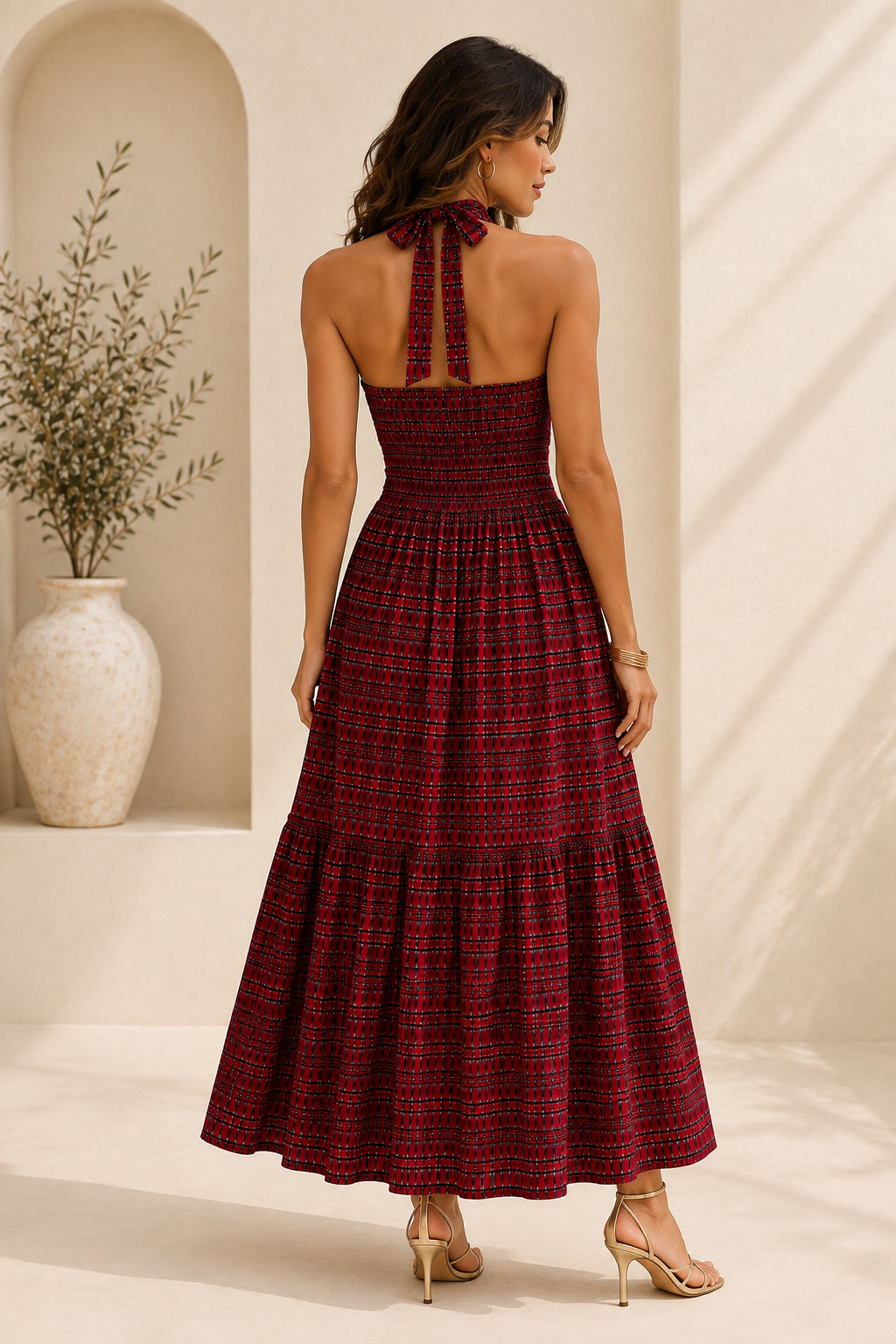Damson Madder Mia Smocked Midi Maxi Midaxi Dress Red Check