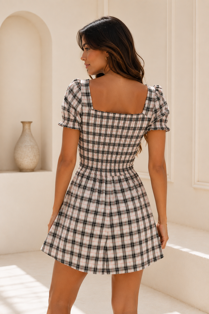 Damson Madder Mansi Plaid Mini Dress in Cream & Black