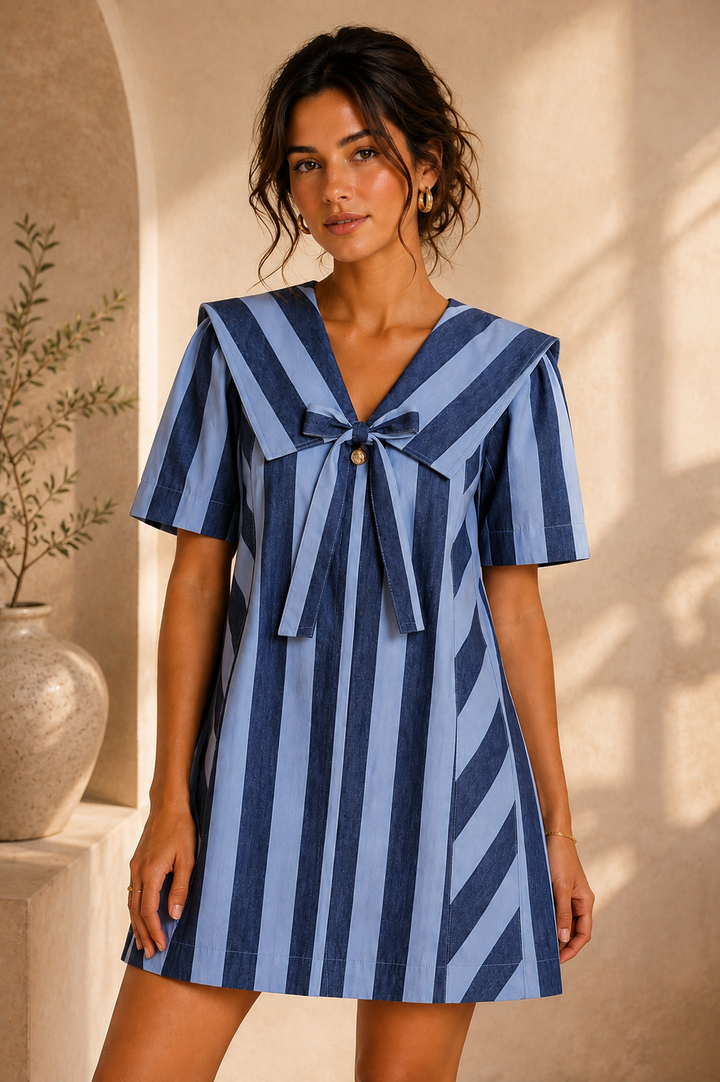 Damson Madder Goldie Mini Dress in Blue Stripes