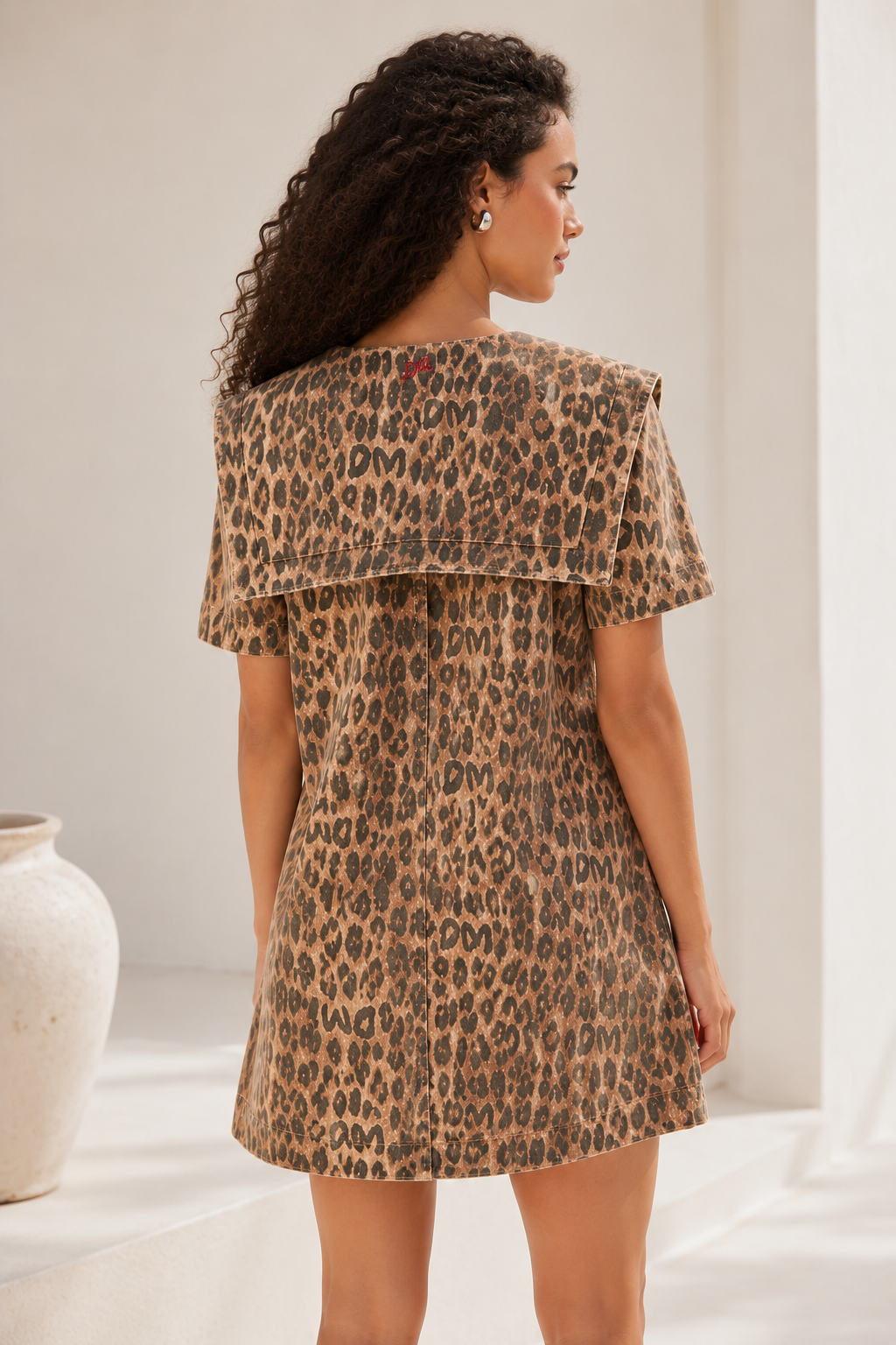 Damson Madder Goldie Denim Cotton Mini Dress in Leopard Animal Print
