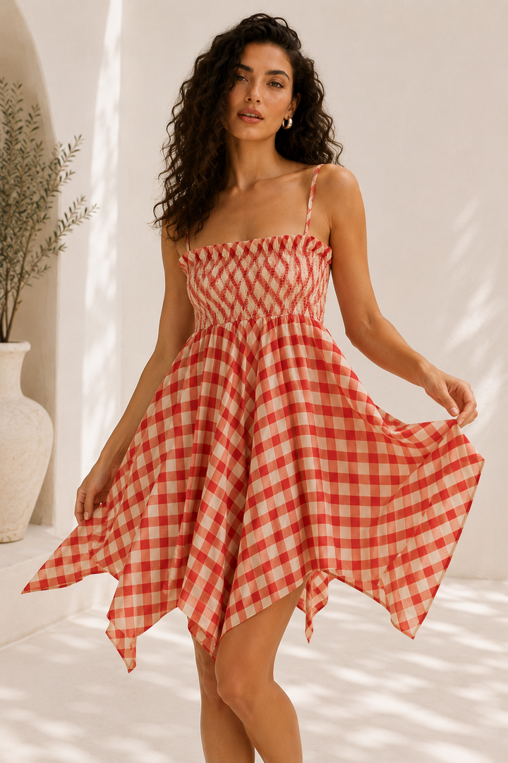 Damson Madder Lilo Hanky Hem Mini Dress Skirt Red Gingham