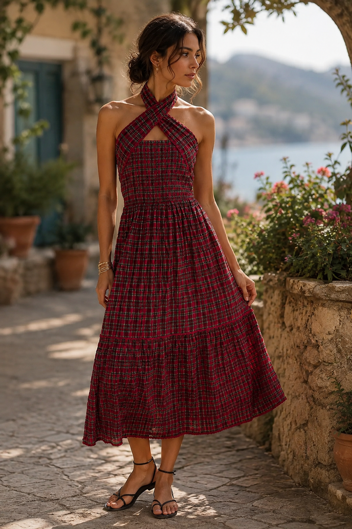 Damson Madder Mia Smocked Midi Dress Red Check