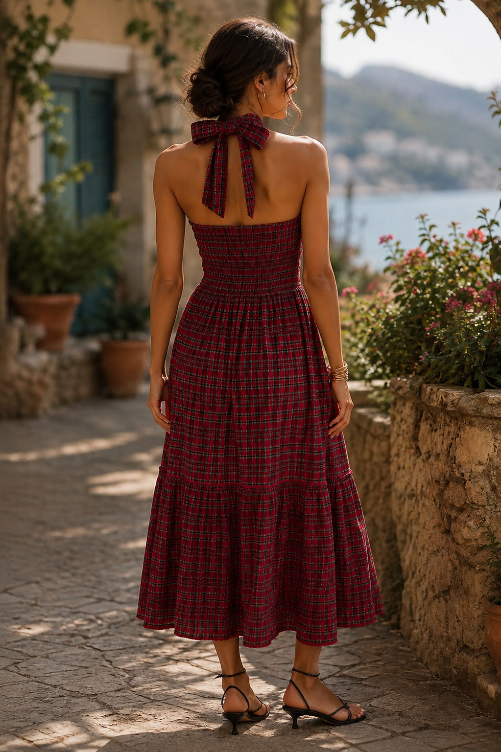 Damson Madder Mia Smocked Midi Dress Red Check
