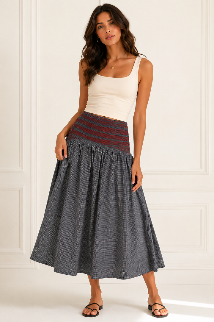 Damson Madder Layla Godet Midi Skirt Cotton Black