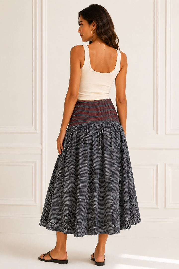 Damson Madder Layla Godet Midi Skirt Cotton Black