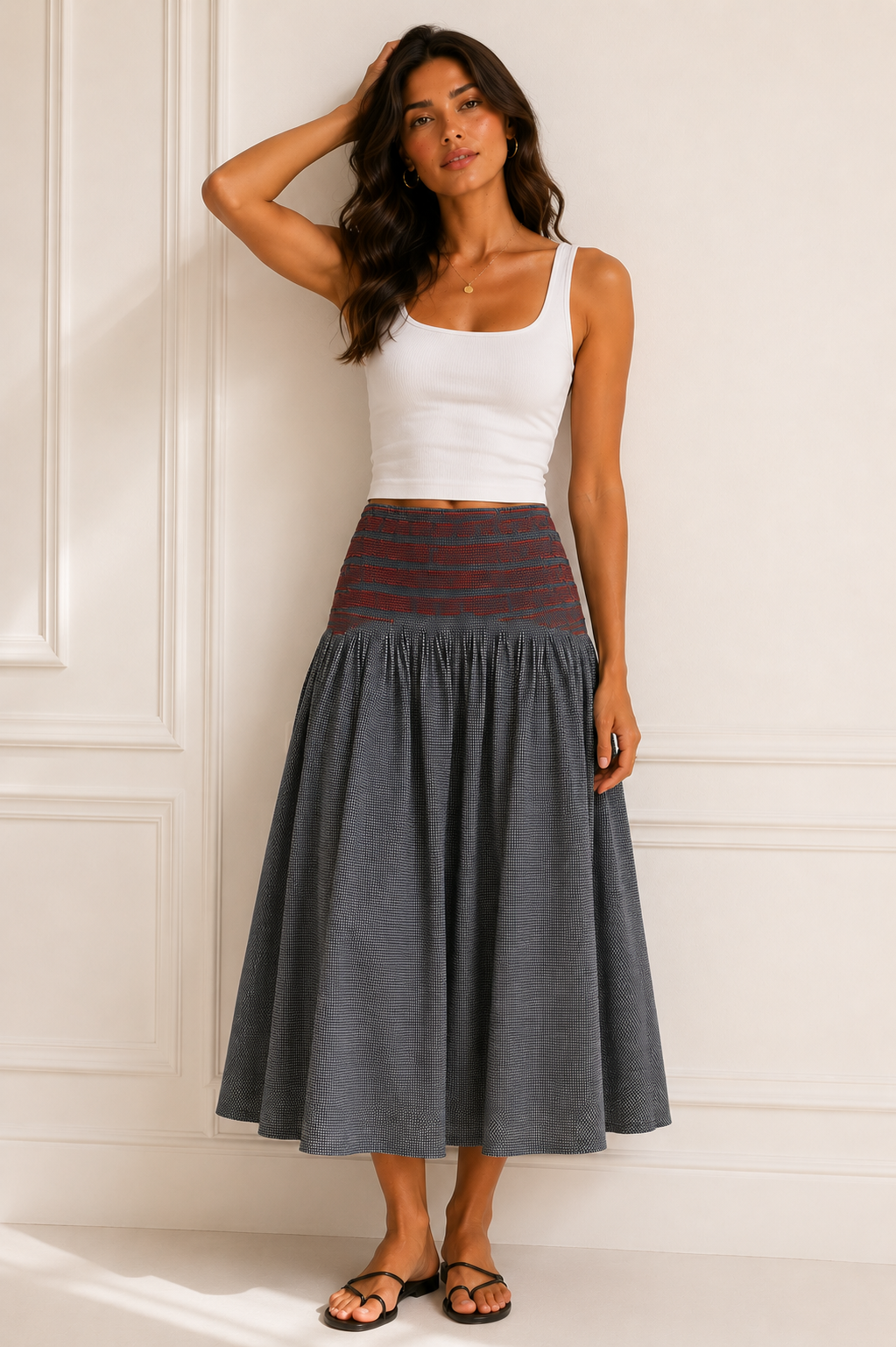 Damson Madder Layla Godet Midi Skirt Cotton Black
