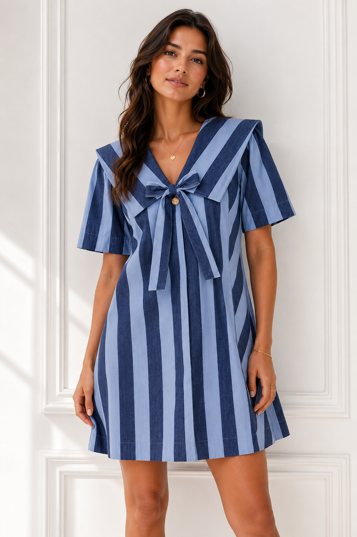 Damson Madder Goldie Mini Cotton Dress in Blue Stripes