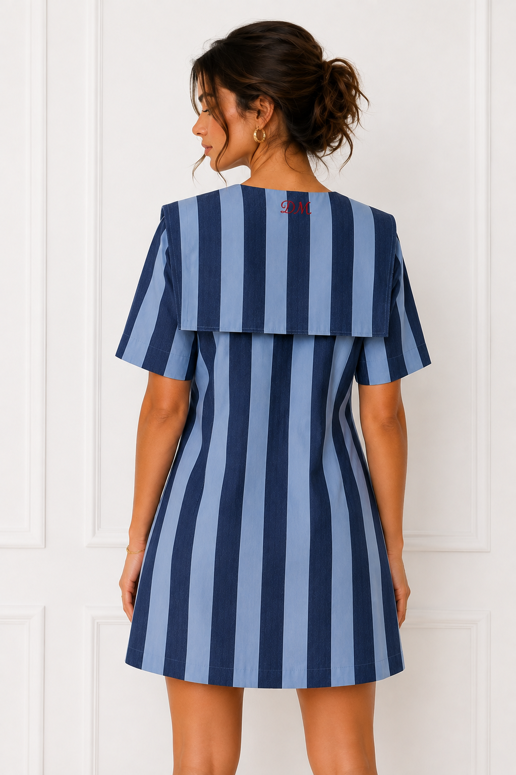 Damson Madder Goldie Mini Cotton Dress in Blue Stripes