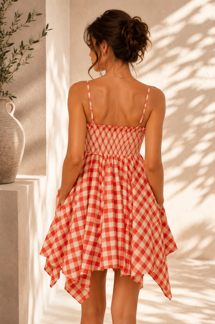 Damson Madder Lilo Hanky Hem Mini Dress Skirt Red Gingham
