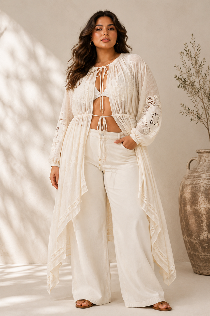 Free People Lost & Found Cream Maxi Beach CoverUp Kaftan Kimono Dress