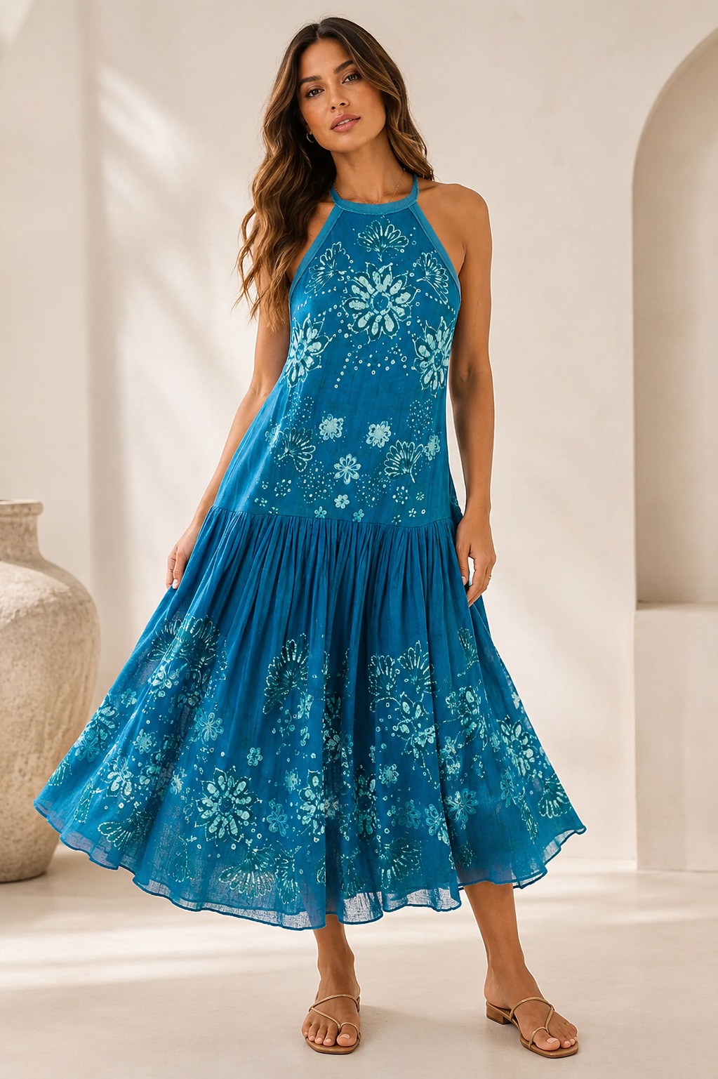 Free People Prime Paradise Blue Floral Halter Neck Midi Maxi Dress