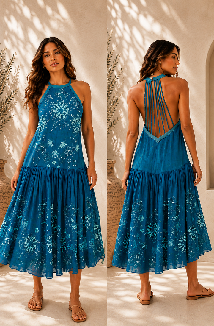 Free People Prime Paradise Blue Floral Halter Neck Midi Maxi Dress