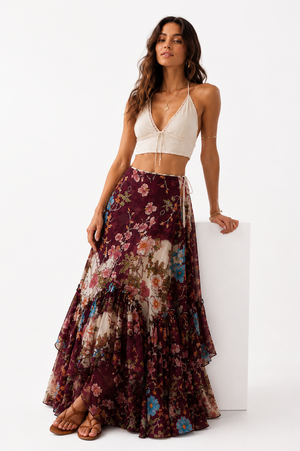 Free People Palermo Villa Wine Maxi Midi Boho Beach Dress Skirt