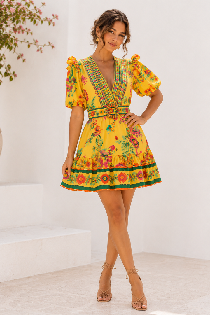 Farm Rio Delicate Garden Floral Midi Cotton Dress
