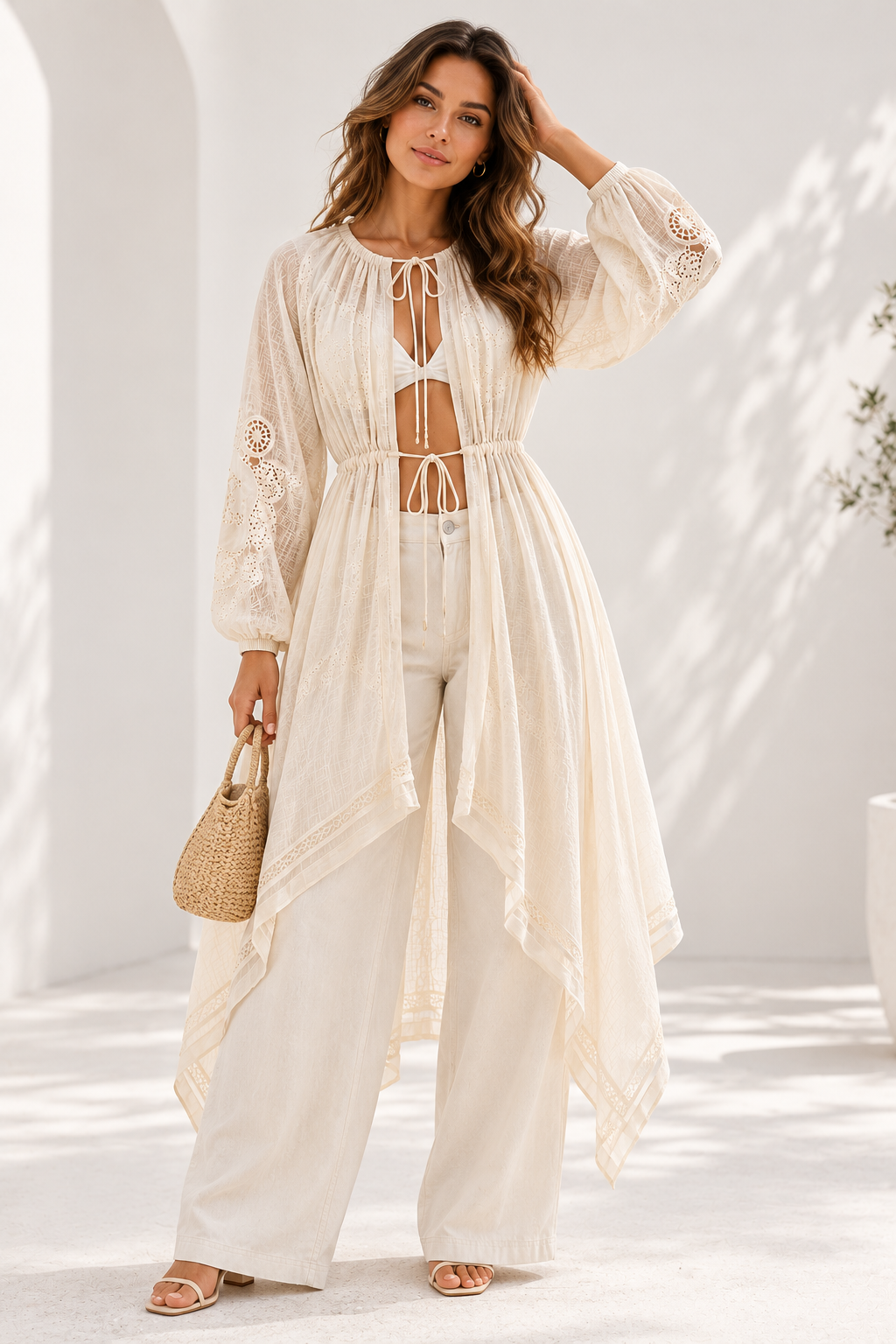 Free People Lost & Found Cream Maxi Beach CoverUp Kaftan Kimono Dress