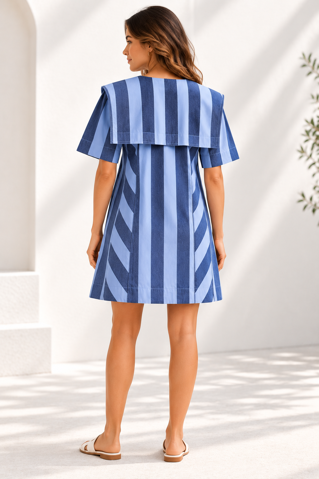 Damson Madder Goldie Mini Cotton Dress in Blue Stripes