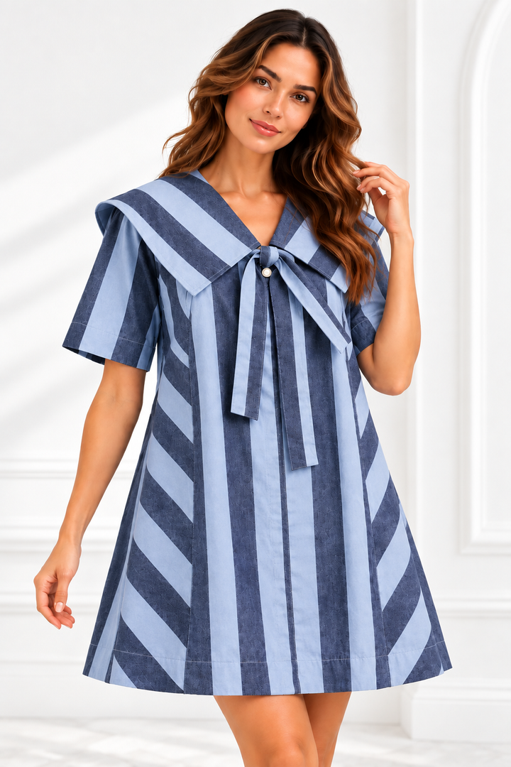 Damson Madder Goldie Mini Cotton Dress in Blue Stripes