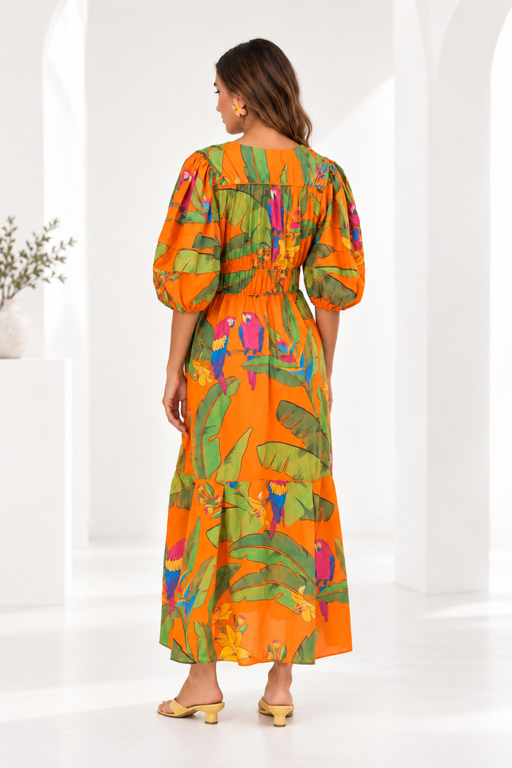 Farm Rio Fresh Macaws Orange Maxi Midi Cotton Dress