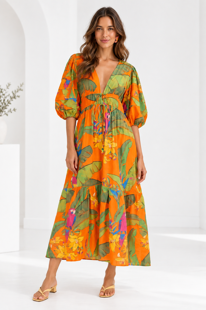 Farm Rio Fresh Macaws Orange Maxi Midi Cotton Dress