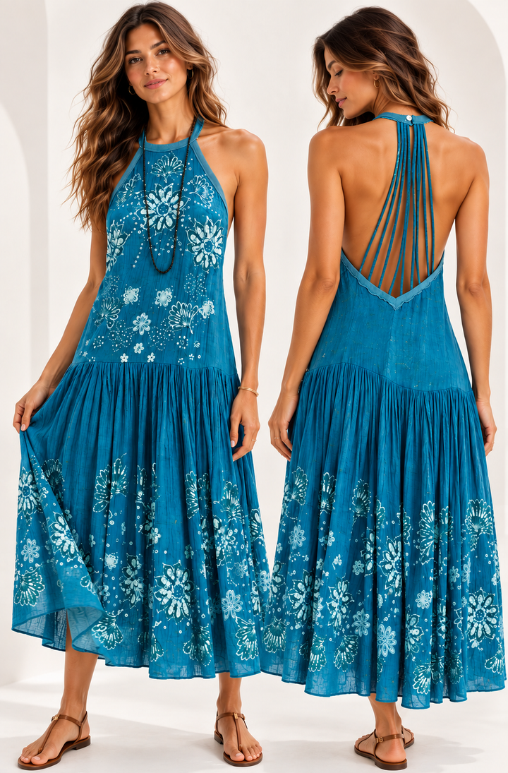Free People Prime Paradise Blue Floral Halter Neck Midi Maxi Dress