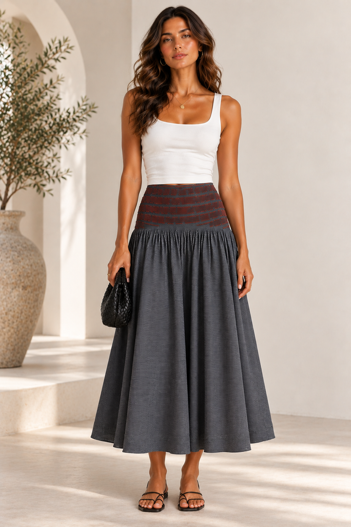 Damson Madder Layla Godet Midi Skirt Cotton Black