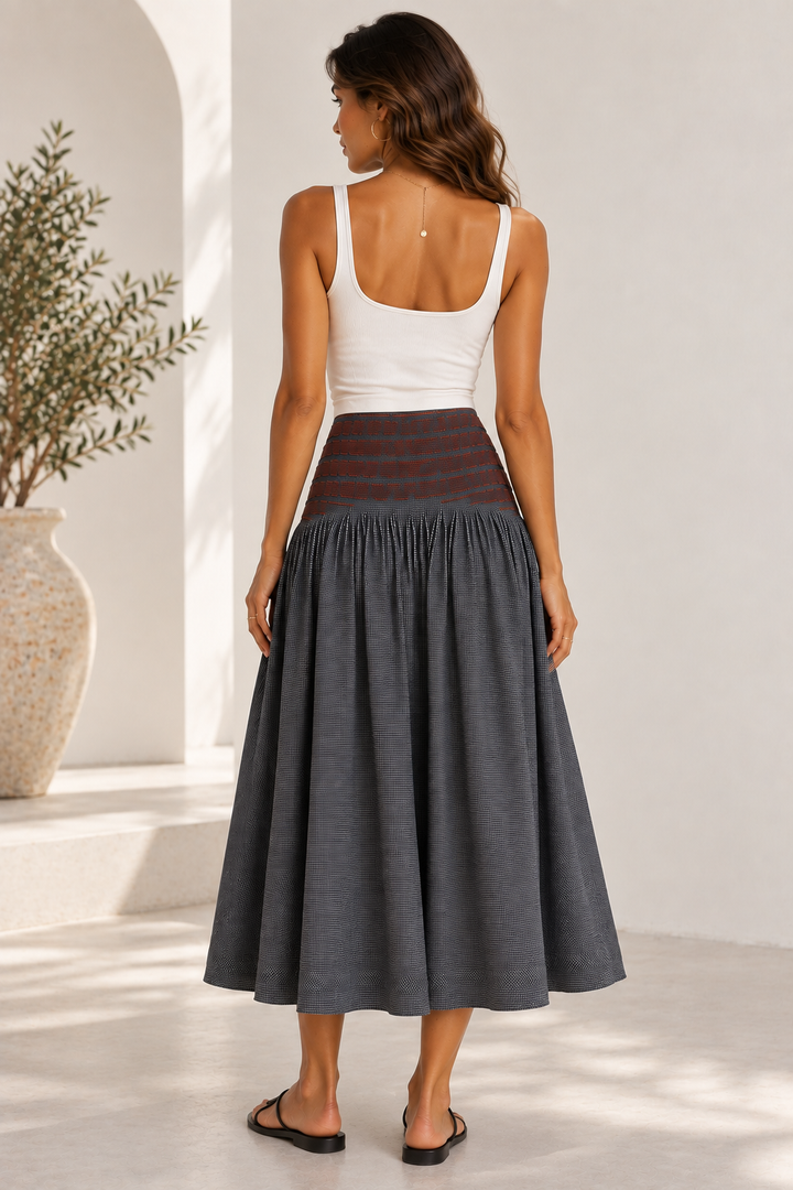 Damson Madder Layla Godet Midi Skirt Cotton Black