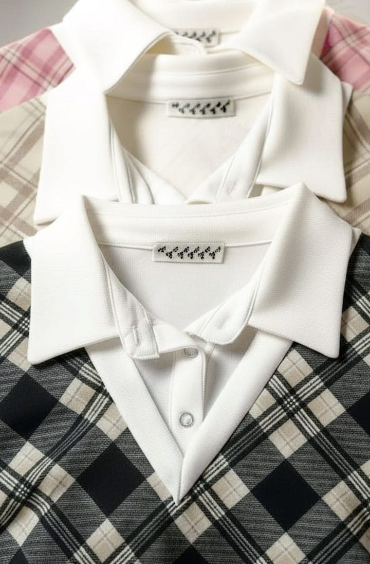 Cherie Check Print V-Neck Layered Effect Sweatshirt Top-Stone