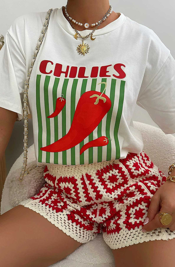 'Chilies-Spice It Up' Graphic Printed T. Shirt Top-Ivory