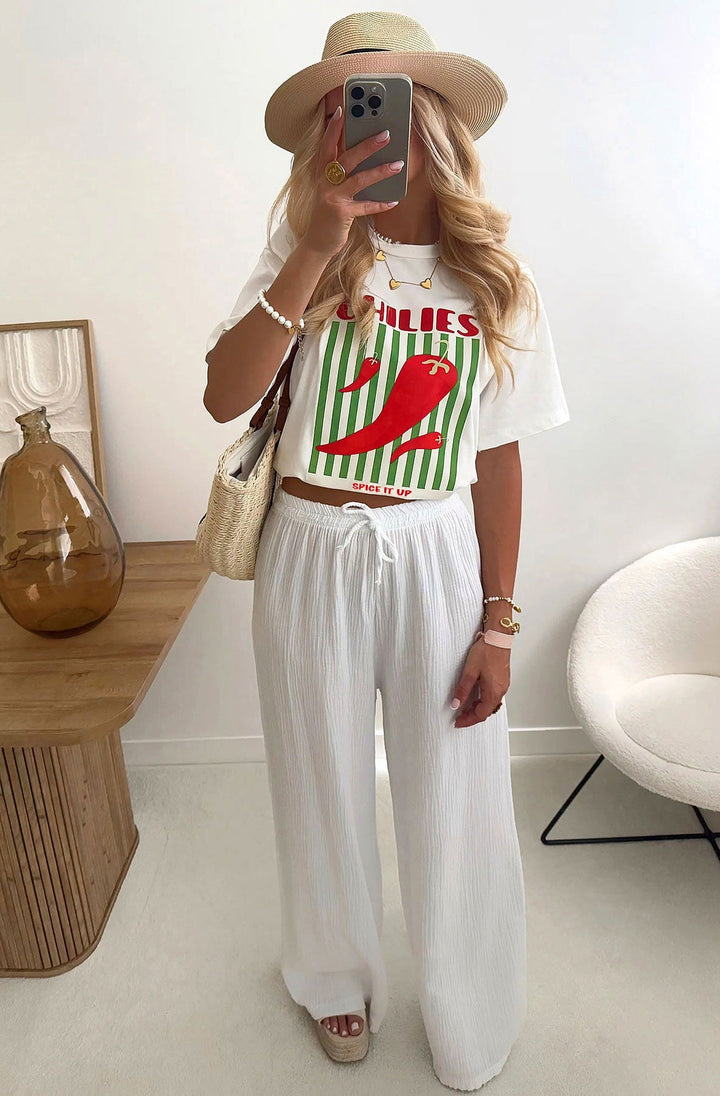 'Chilies-Spice It Up' Graphic Printed T. Shirt Top-Ivory