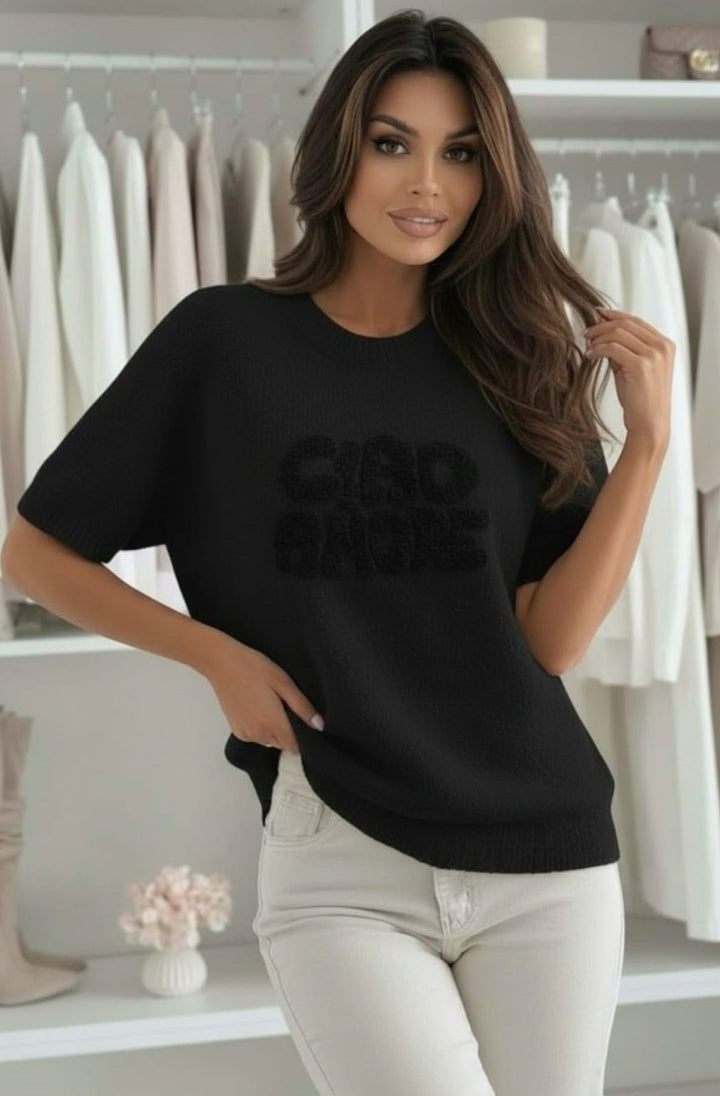 'Ciao Amore' Short Sleeve Alpaca Blend Lightweight Knitted Sweater Top-Black