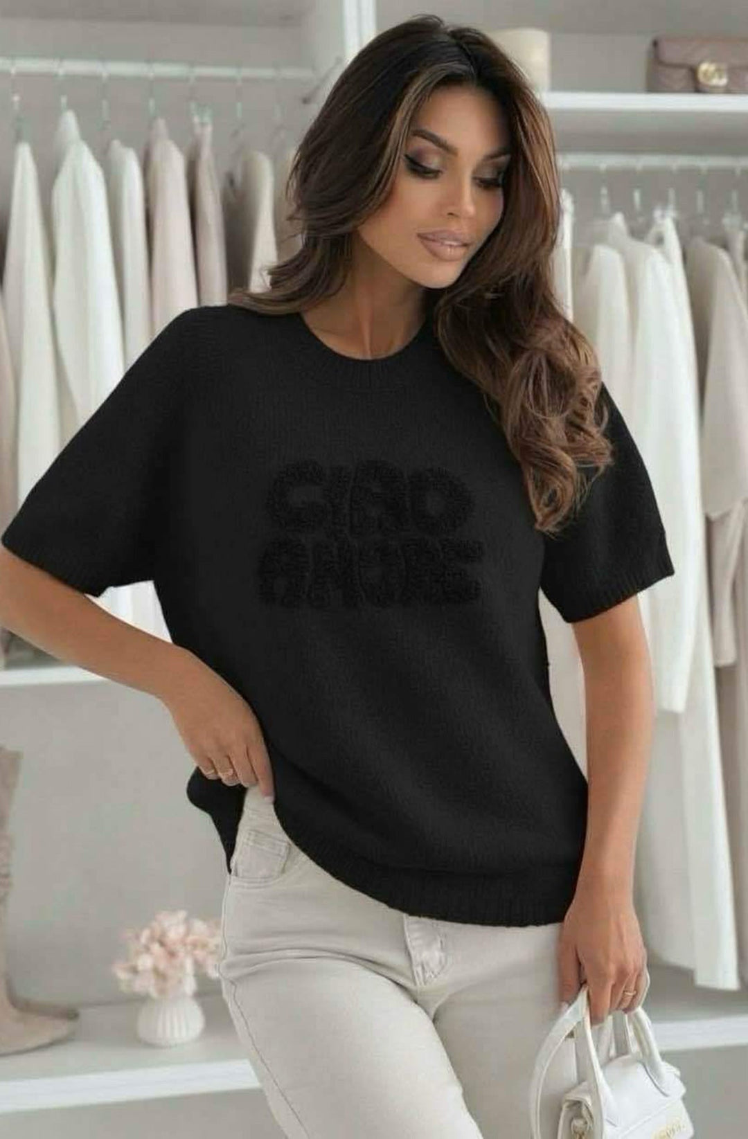 'Ciao Amore' Short Sleeve Alpaca Blend Lightweight Knitted Sweater Top-Black