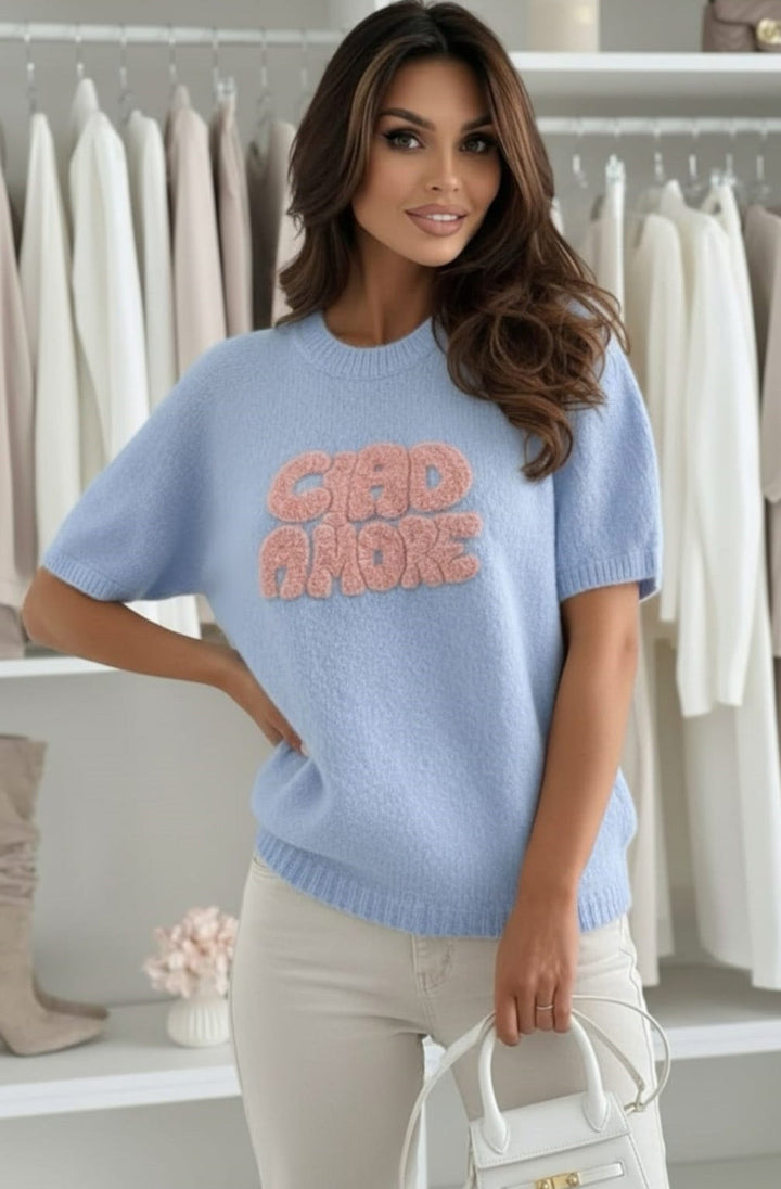 'Ciao Amore' Short Sleeve Alpaca Blend Lightweight Knitted Sweater Top-Blue