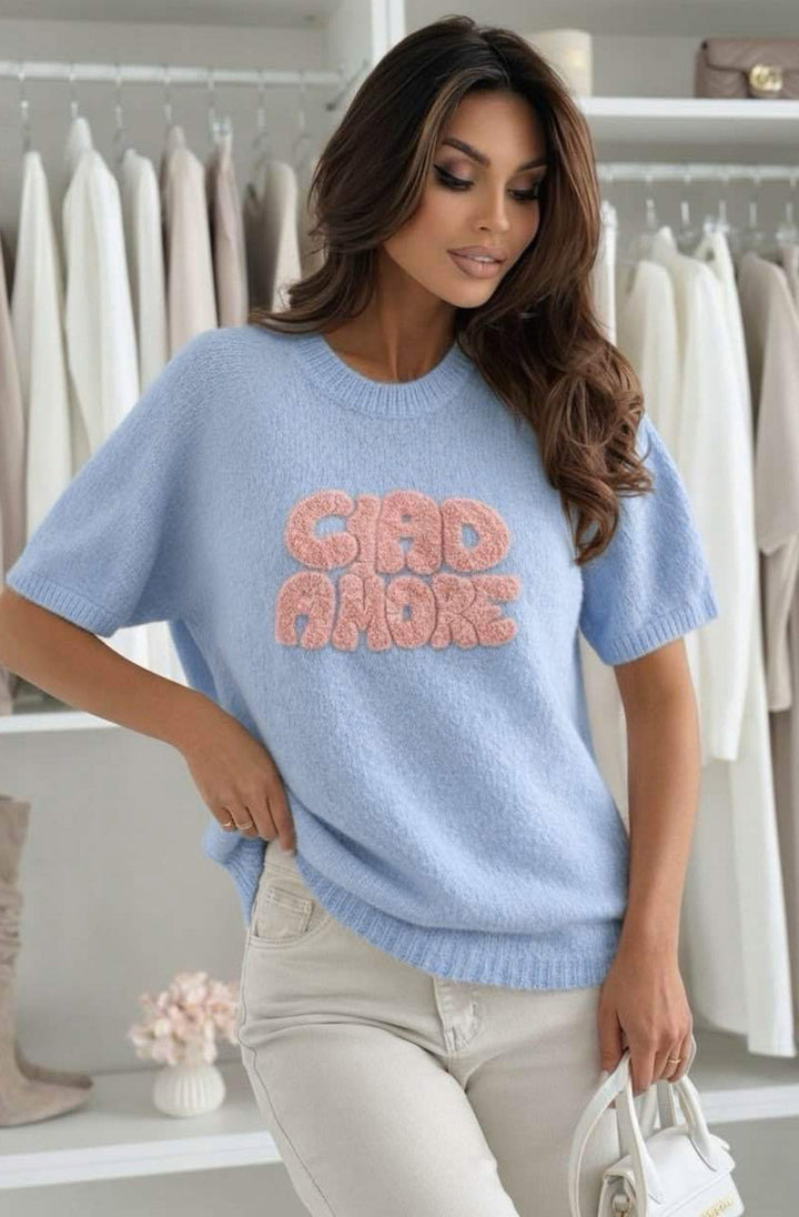 'Ciao Amore' Short Sleeve Alpaca Blend Lightweight Knitted Sweater Top-Blue