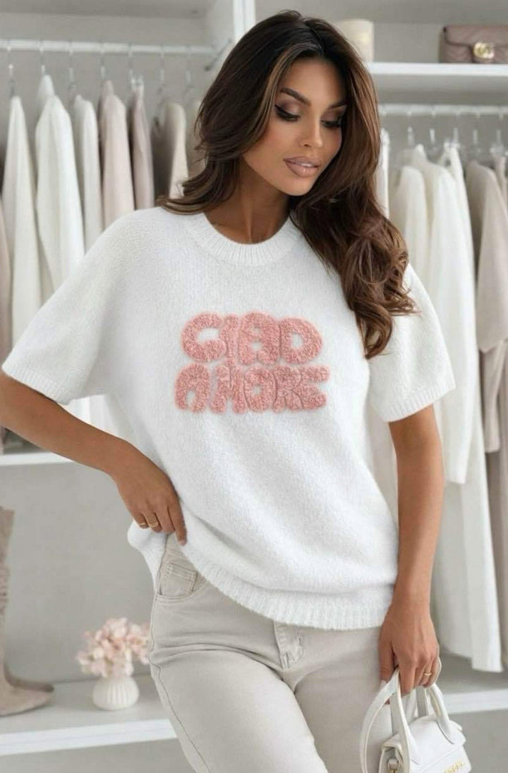'Ciao Amore' Short Sleeve Alpaca Blend Lightweight Knitted Sweater Top-Ivory