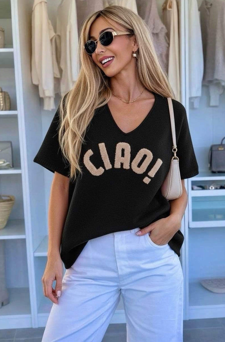 'Ciao!' Appliqué Oversized V-Neck Knit Jumper Top-Black