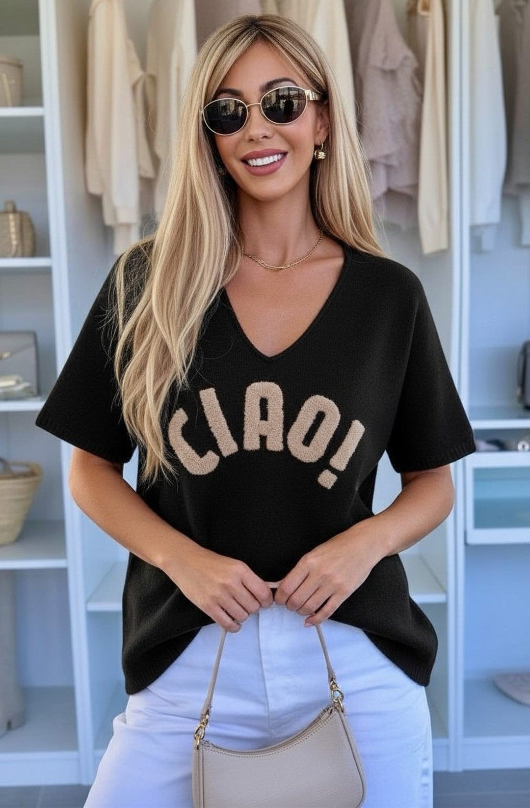'Ciao!' Appliqué Oversized V-Neck Knit Jumper Top-Black