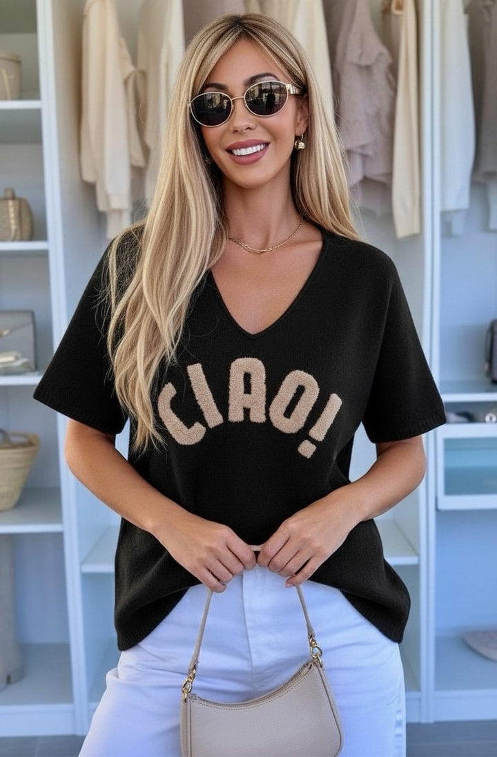 'Ciao!' Appliqué Oversized V-Neck Knit Jumper Top-Black