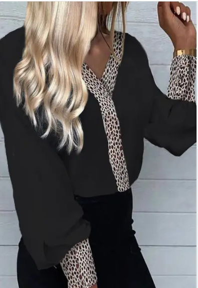 Ciara Contrast Leopard Print Blouse Shirt Top-Black