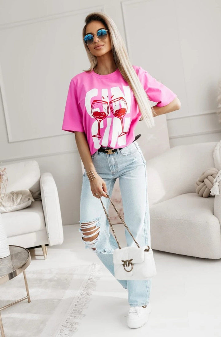'Cin Cin' Graphic Print T-Shirt Top-Pink