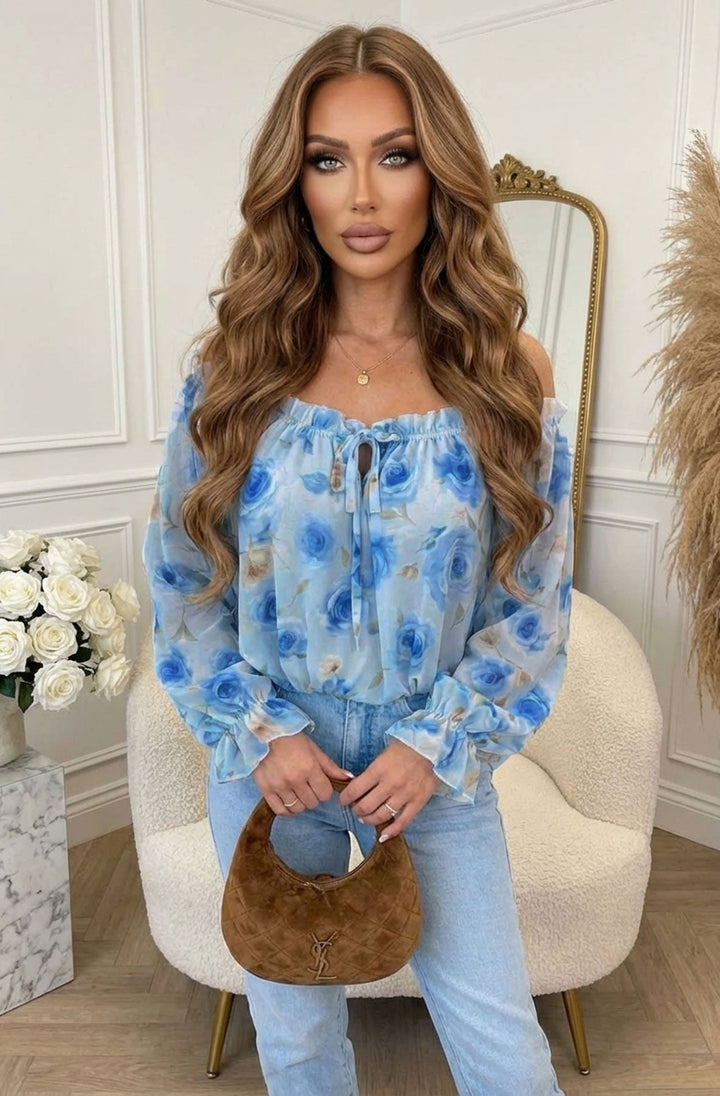 Claire Floral Bardot Off-Shoulder Frill Shirred Waist Shirt Blouse Top-Blue