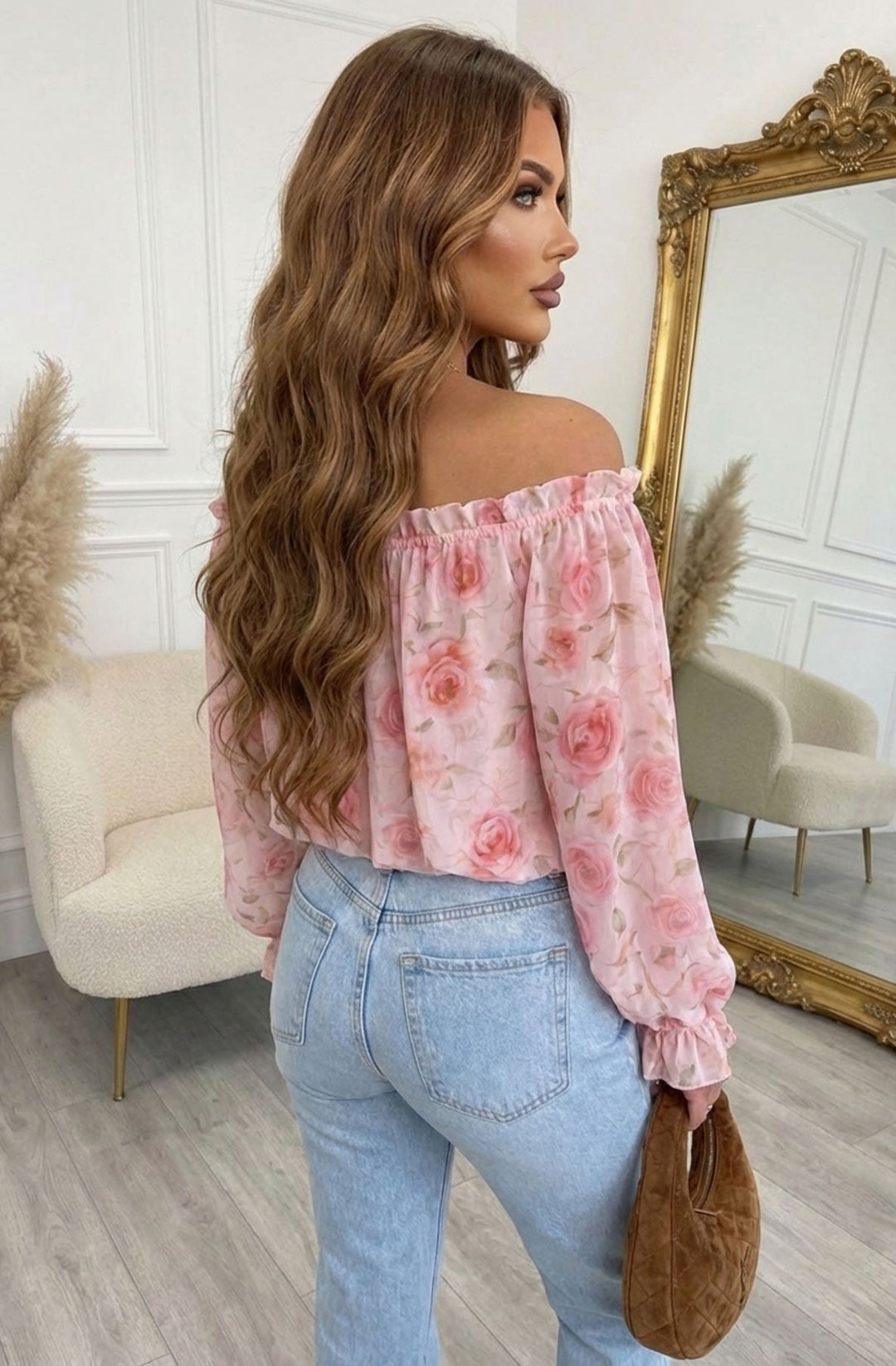 Claire Floral Bardot Off-Shoulder Frill Shirred Waist Shirt Blouse Top-Pink